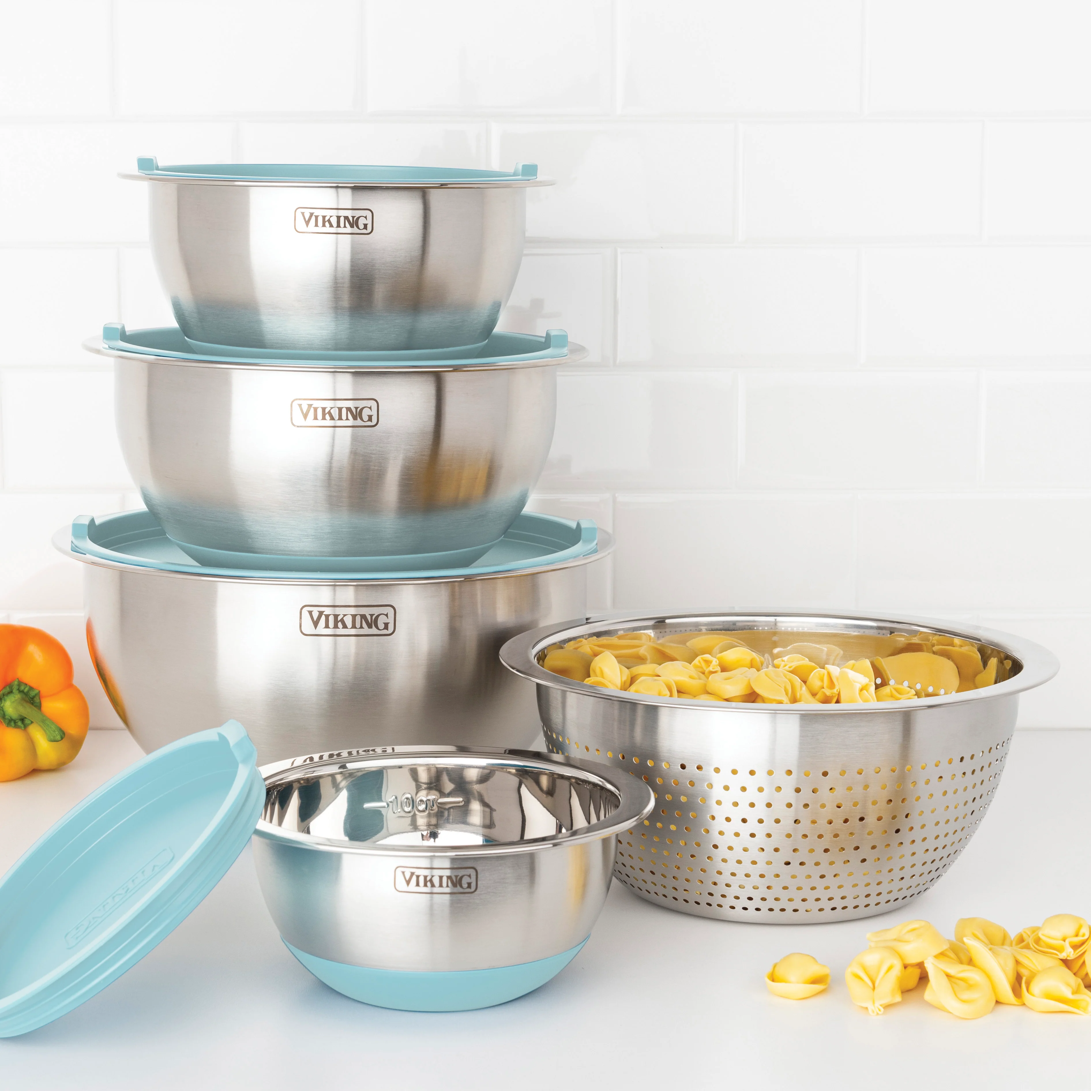 Viking 9-Piece Stainless Steel Mixing Bowl Set with Strainer, Splash Blue